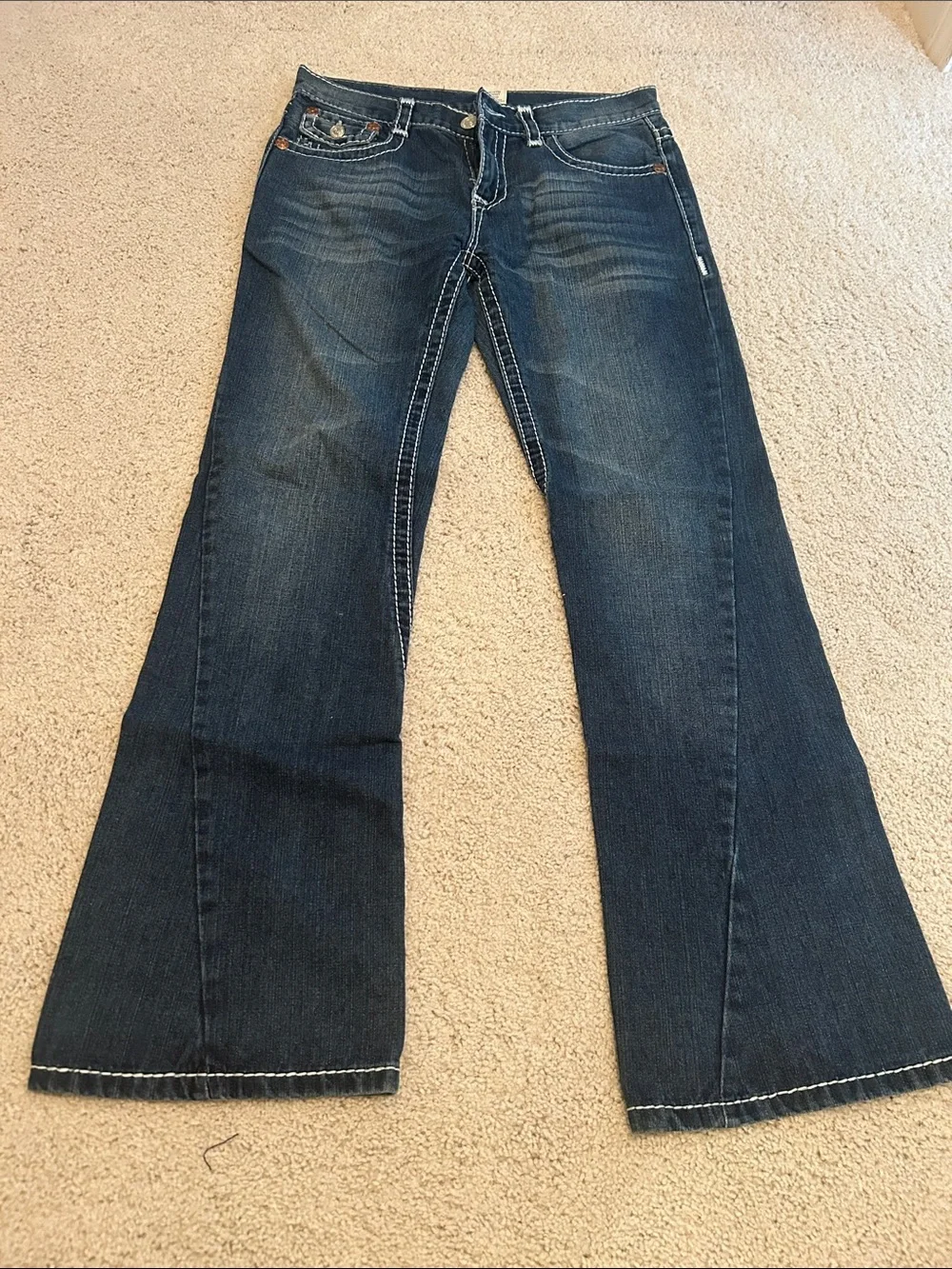 True Religion Dark Blue Bootcut Jeans with White Contrast Stitching